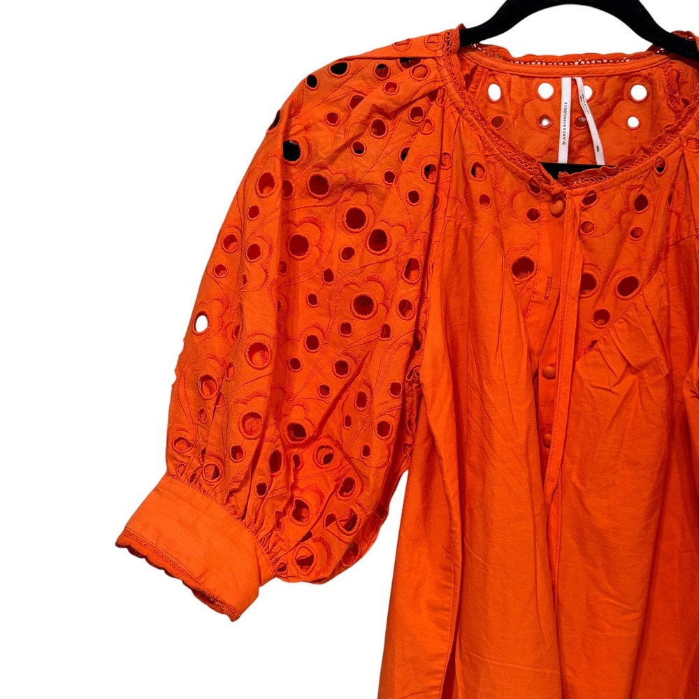 Anthropologie Orange Eyelet Puff Sleeve Blouse Tie Neck Button Front XSP - Picture 4 of 10